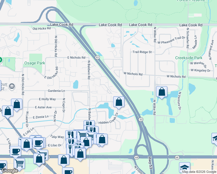 map of restaurants, bars, coffee shops, grocery stores, and more near 2120 North Ginger Creek Drive in Palatine