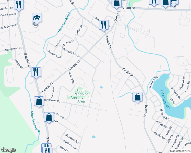 map of restaurants, bars, coffee shops, grocery stores, and more near 45 Druid Hill Avenue West in Randolph
