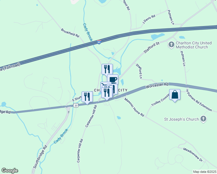 map of restaurants, bars, coffee shops, grocery stores, and more near in Charlton