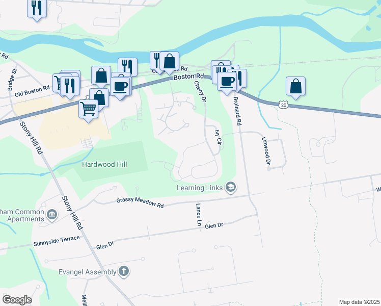 map of restaurants, bars, coffee shops, grocery stores, and more near 2 Lodge Lane in Wilbraham