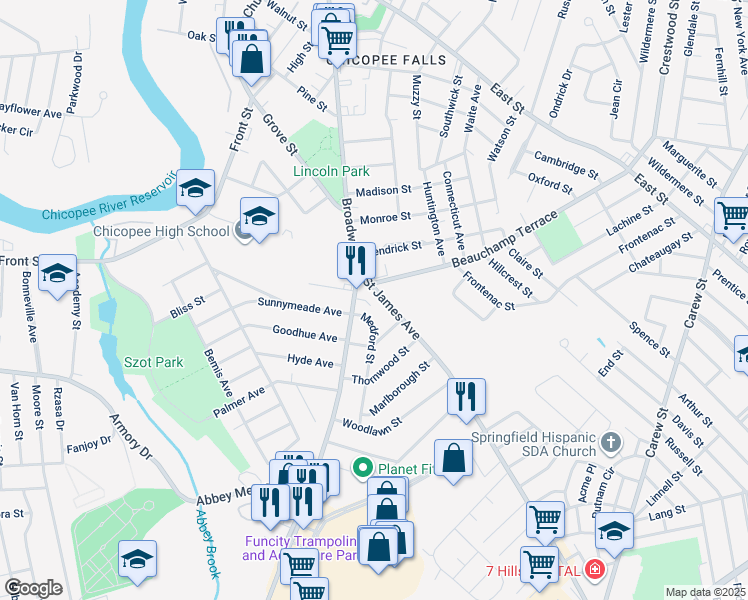 map of restaurants, bars, coffee shops, grocery stores, and more near 30 Saint James Avenue in Chicopee