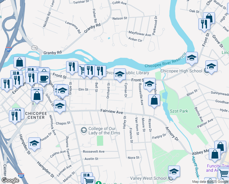 map of restaurants, bars, coffee shops, grocery stores, and more near 32 Luther Street in Chicopee