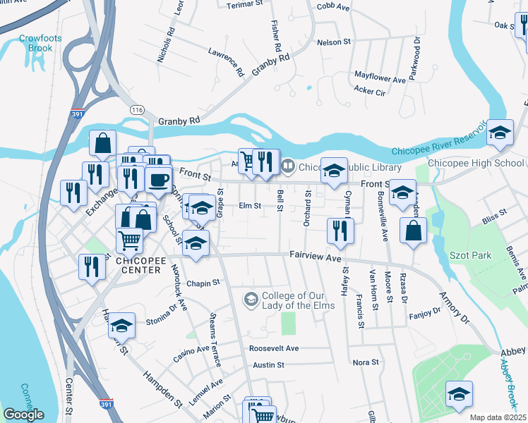 map of restaurants, bars, coffee shops, grocery stores, and more near 34 Myrtle Street in Chicopee