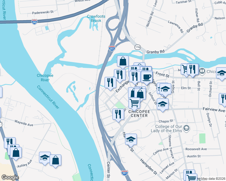 map of restaurants, bars, coffee shops, grocery stores, and more near 117 Exchange Street in Chicopee