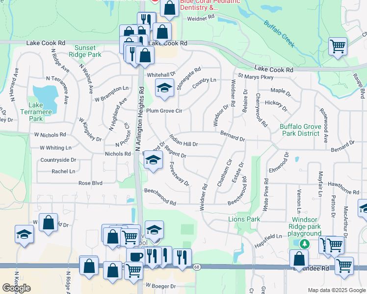 map of restaurants, bars, coffee shops, grocery stores, and more near 392 Indian Hill Drive in Buffalo Grove
