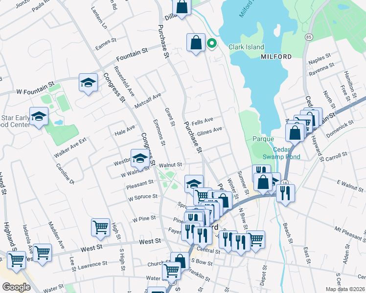 map of restaurants, bars, coffee shops, grocery stores, and more near 9 Grant Street in Milford