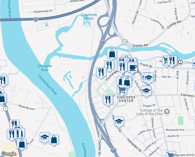 map of restaurants, bars, coffee shops, grocery stores, and more near 64 Front Street in Chicopee