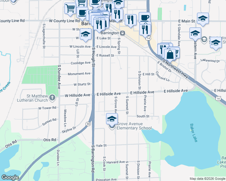 map of restaurants, bars, coffee shops, grocery stores, and more near 650 South Grove Avenue in Barrington