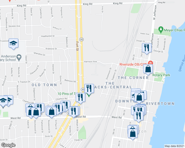 map of restaurants, bars, coffee shops, grocery stores, and more near 1585 Harbour Boulevard in Trenton