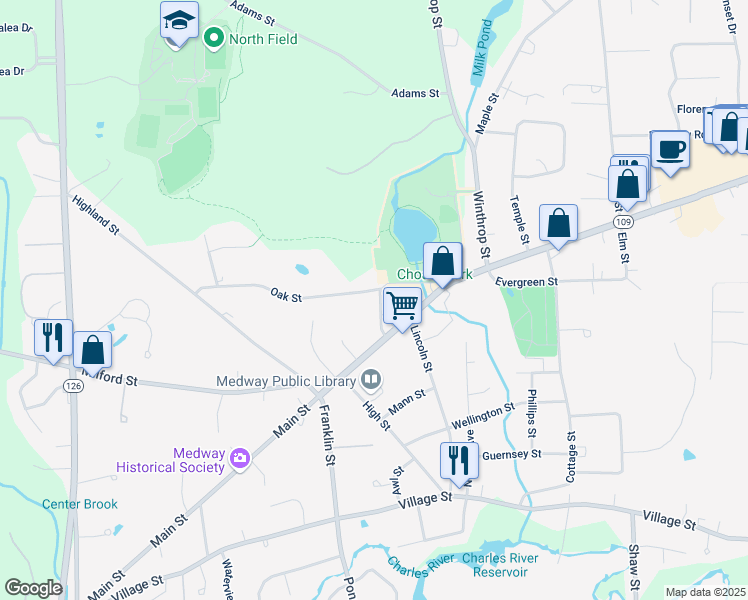 map of restaurants, bars, coffee shops, grocery stores, and more near 9 Mechanic Street in Medway