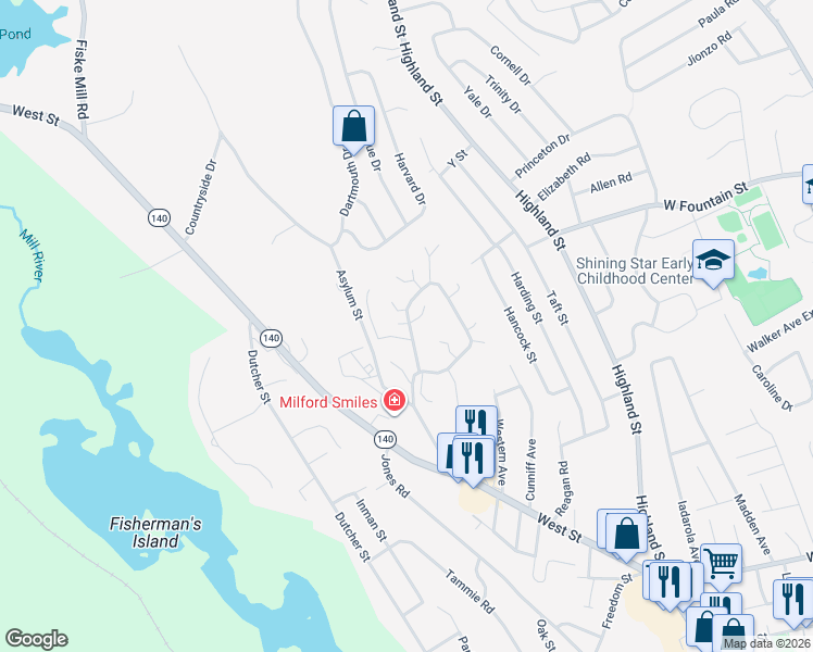 map of restaurants, bars, coffee shops, grocery stores, and more near 30b Country Club Lane in Milford