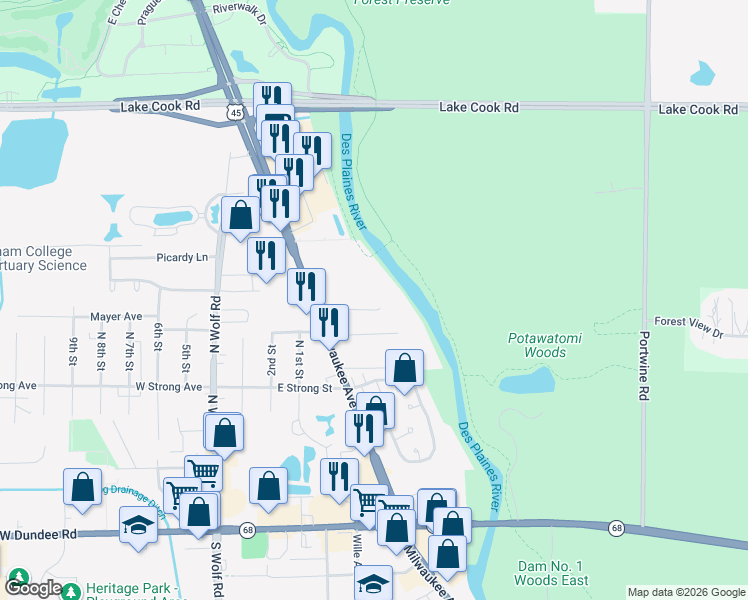 map of restaurants, bars, coffee shops, grocery stores, and more near 274 Prairie View Lane in Wheeling
