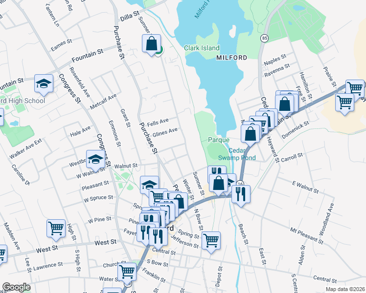map of restaurants, bars, coffee shops, grocery stores, and more near 23 Mechanic Street in Milford
