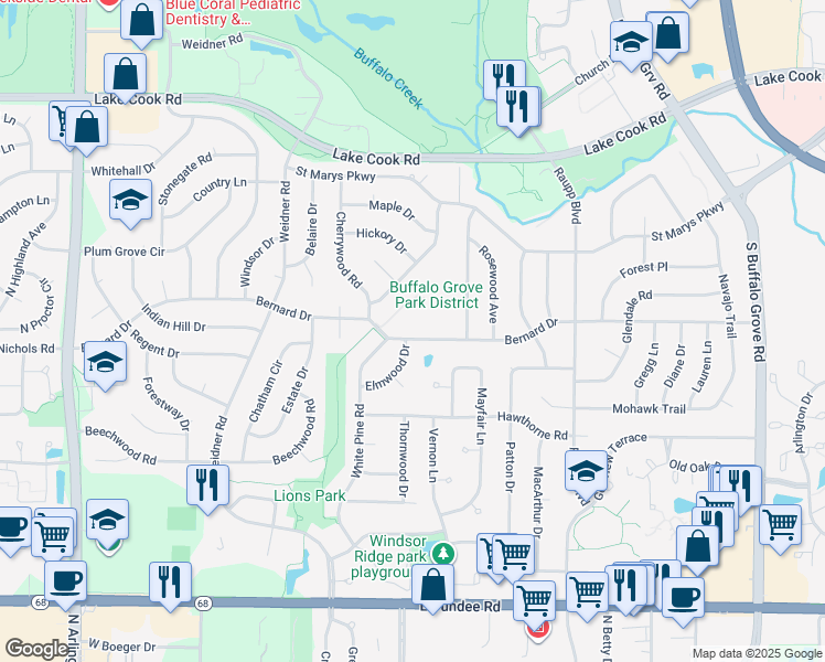 map of restaurants, bars, coffee shops, grocery stores, and more near 584 Bernard Drive in Buffalo Grove