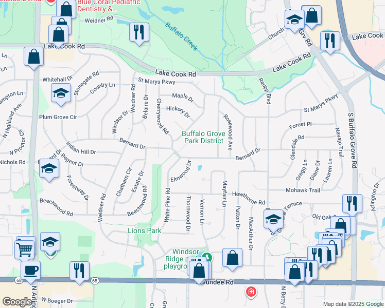 map of restaurants, bars, coffee shops, grocery stores, and more near 584 Bernard Drive in Buffalo Grove