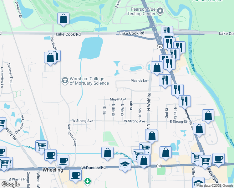 map of restaurants, bars, coffee shops, grocery stores, and more near 109 Meyerson Way in Wheeling