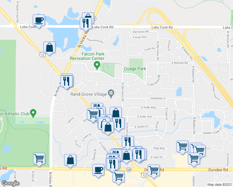 map of restaurants, bars, coffee shops, grocery stores, and more near 762 East Rand Grove Lane in Palatine