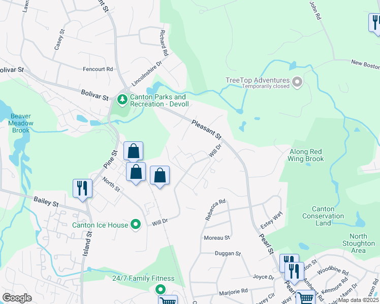 map of restaurants, bars, coffee shops, grocery stores, and more near 8 Forbes Road in Canton