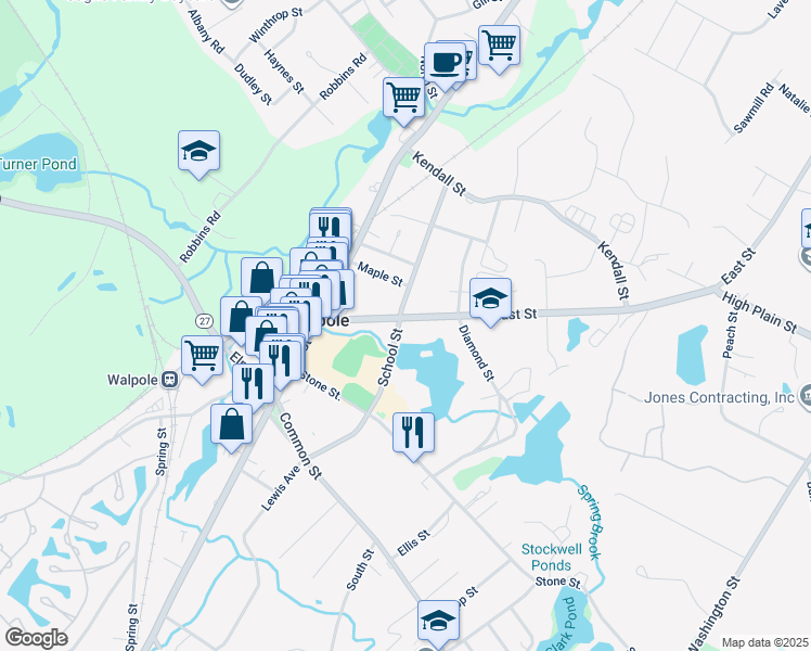map of restaurants, bars, coffee shops, grocery stores, and more near 886 East Street in Walpole