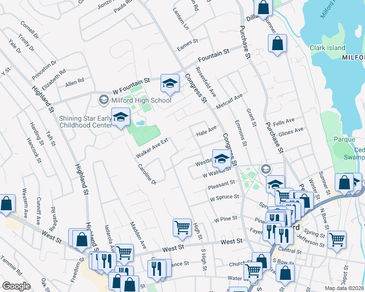 map of restaurants, bars, coffee shops, grocery stores, and more near 17 Kellett Drive in Milford