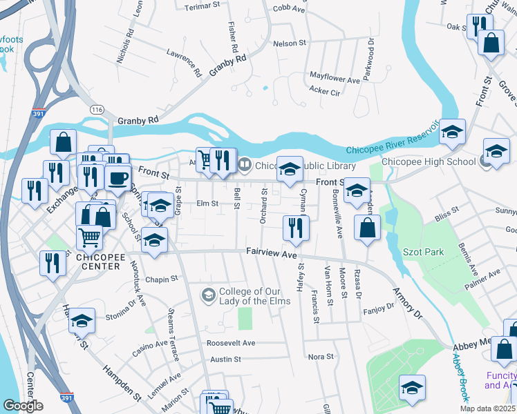map of restaurants, bars, coffee shops, grocery stores, and more near 40 Orchard Street in Chicopee