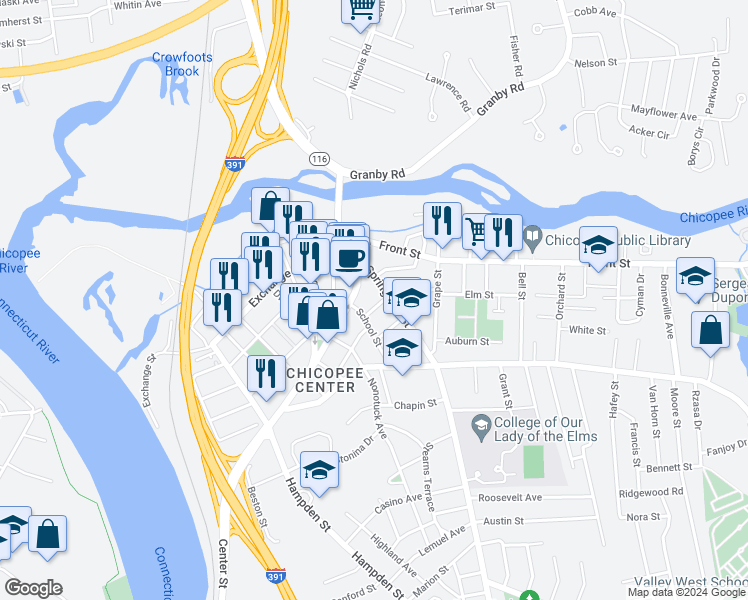 map of restaurants, bars, coffee shops, grocery stores, and more near 82 Springfield Street in Chicopee