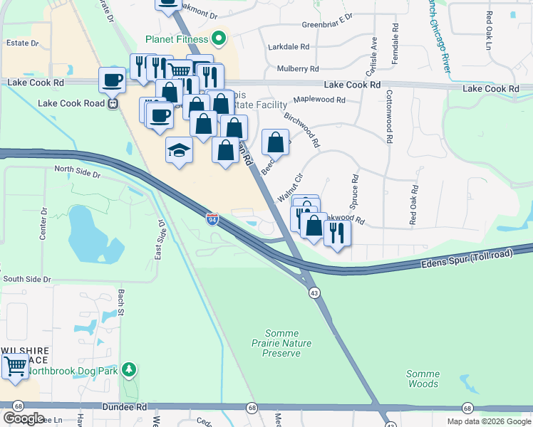 map of restaurants, bars, coffee shops, grocery stores, and more near 350 South Waukegan Road in Deerfield