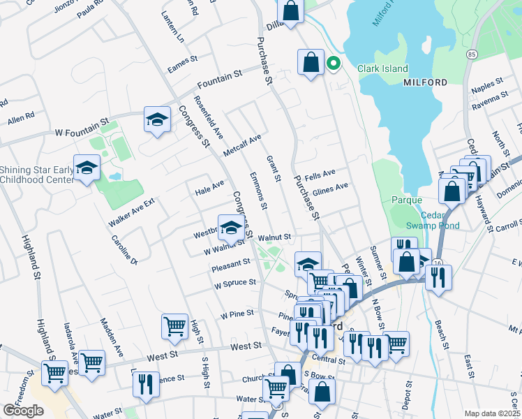 map of restaurants, bars, coffee shops, grocery stores, and more near 20 Emmons Street in Milford