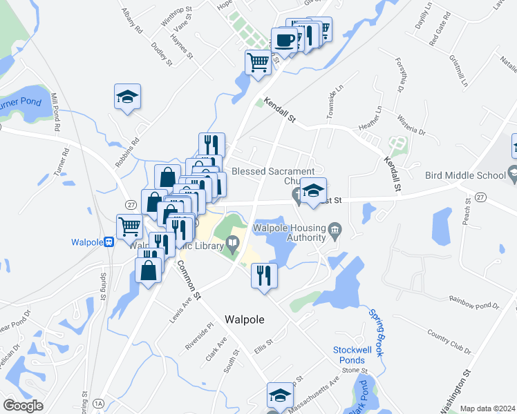 map of restaurants, bars, coffee shops, grocery stores, and more near 886 East Street in Walpole