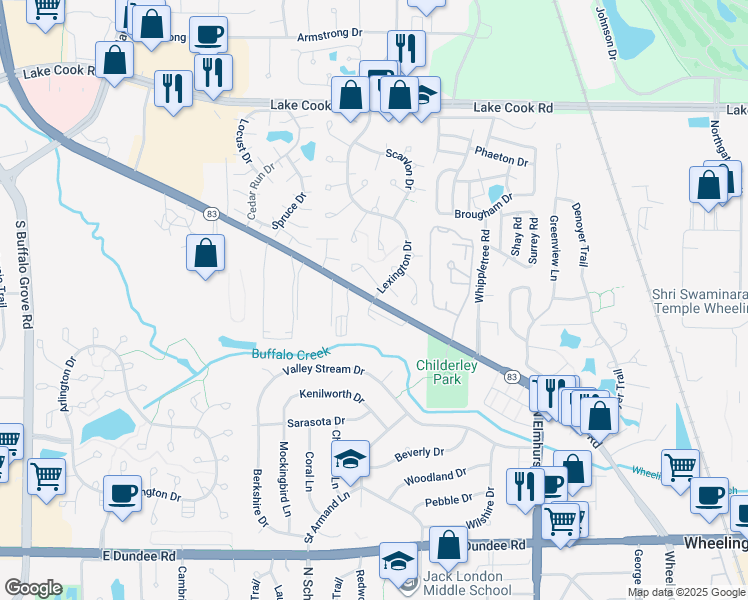 map of restaurants, bars, coffee shops, grocery stores, and more near McHenry Road in Wheeling