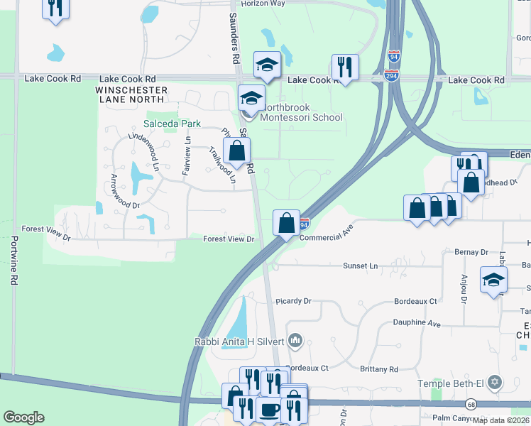 map of restaurants, bars, coffee shops, grocery stores, and more near 4170 Cardinal Court in Northbrook