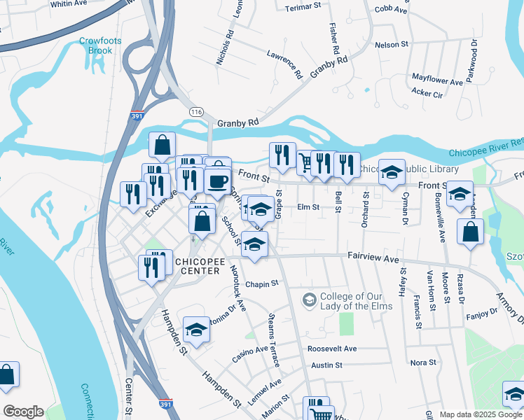 map of restaurants, bars, coffee shops, grocery stores, and more near 22 Pearl Street in Chicopee