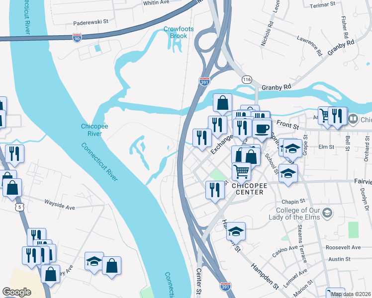 map of restaurants, bars, coffee shops, grocery stores, and more near 45 Depot Street in Chicopee