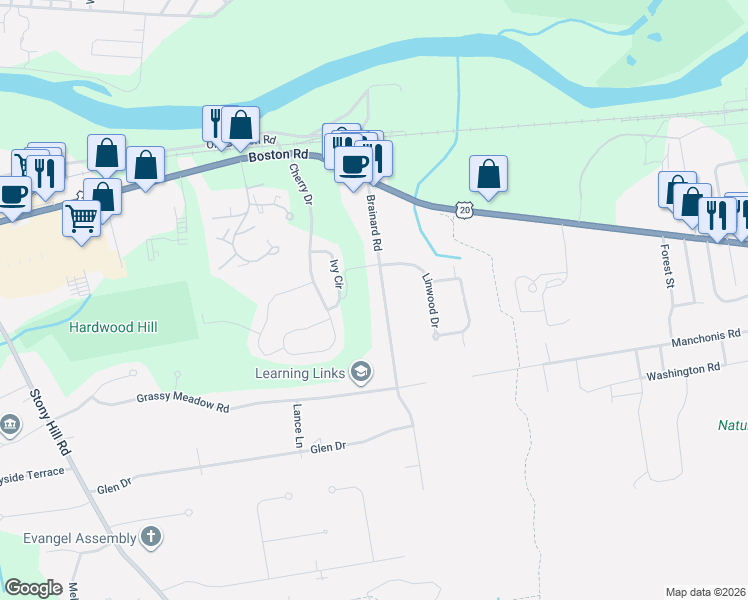 map of restaurants, bars, coffee shops, grocery stores, and more near 27 Brainard Road in Wilbraham