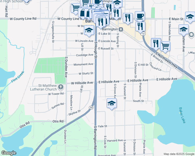 map of restaurants, bars, coffee shops, grocery stores, and more near 647 South Hough Street in Barrington