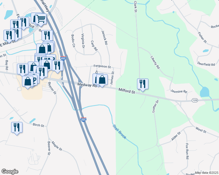 map of restaurants, bars, coffee shops, grocery stores, and more near 194 Medway Road in Milford