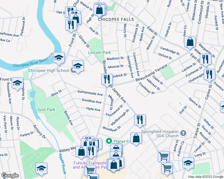 map of restaurants, bars, coffee shops, grocery stores, and more near 30 Saint James Avenue in Chicopee