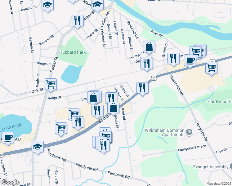 map of restaurants, bars, coffee shops, grocery stores, and more near 46 Stocker Street in Springfield
