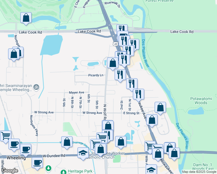 map of restaurants, bars, coffee shops, grocery stores, and more near 35 Legacy Lane in Wheeling