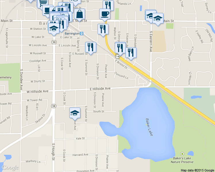 map of restaurants, bars, coffee shops, grocery stores, and more near 600 E Hillside Ave in Barrington