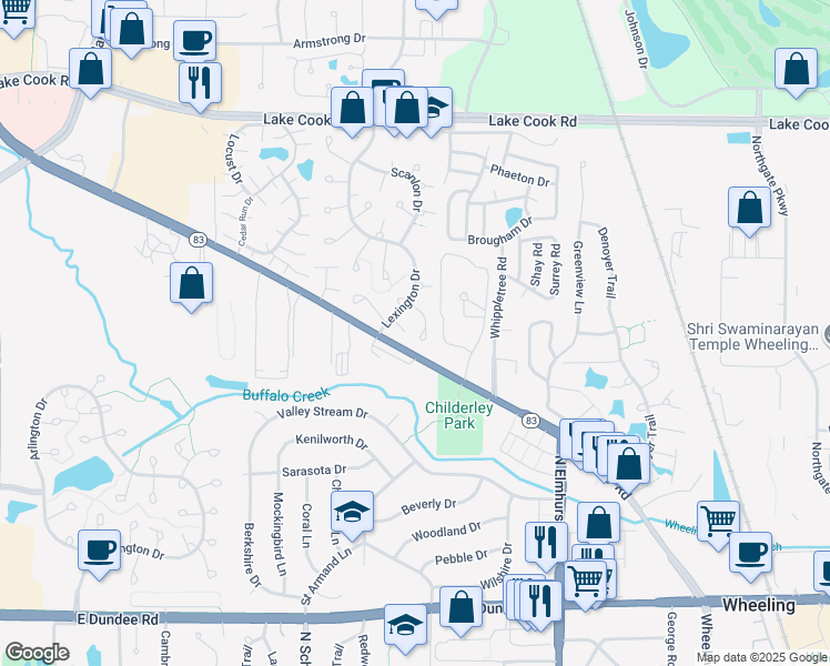 map of restaurants, bars, coffee shops, grocery stores, and more near 453 Thornhill Lane in Wheeling