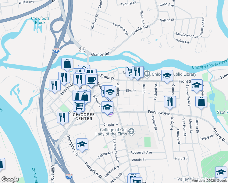 map of restaurants, bars, coffee shops, grocery stores, and more near 22 Pearl Street in Chicopee