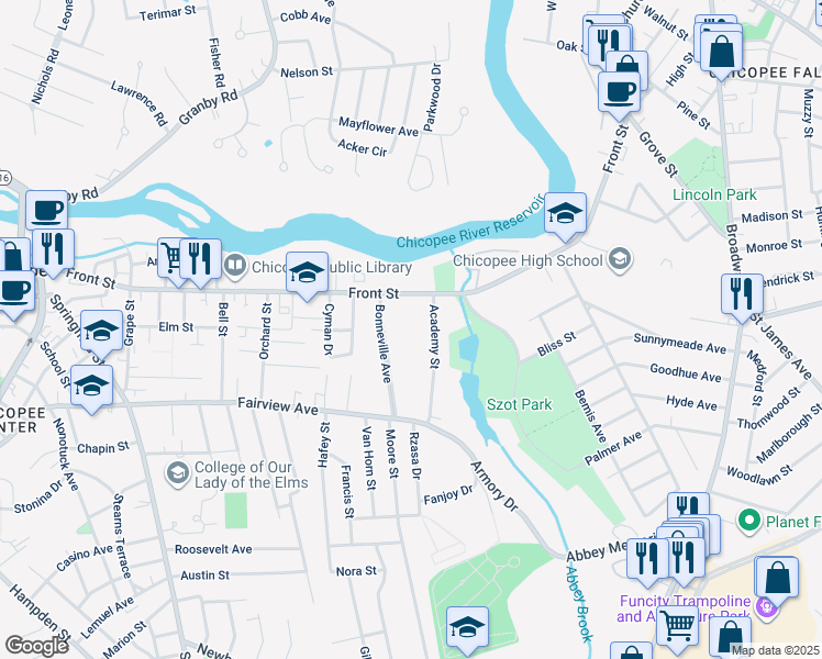 map of restaurants, bars, coffee shops, grocery stores, and more near 650 Front Street in Chicopee