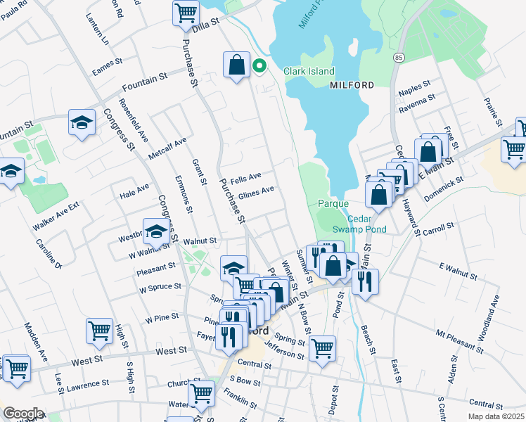 map of restaurants, bars, coffee shops, grocery stores, and more near 16 Mechanic Street in Milford