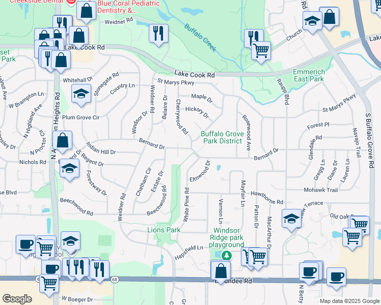 map of restaurants, bars, coffee shops, grocery stores, and more near 657 Bernard Drive in Buffalo Grove