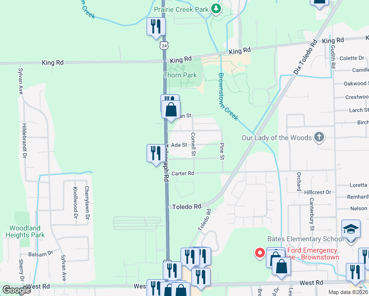 map of restaurants, bars, coffee shops, grocery stores, and more near 23887 Ada Street in Wayne County