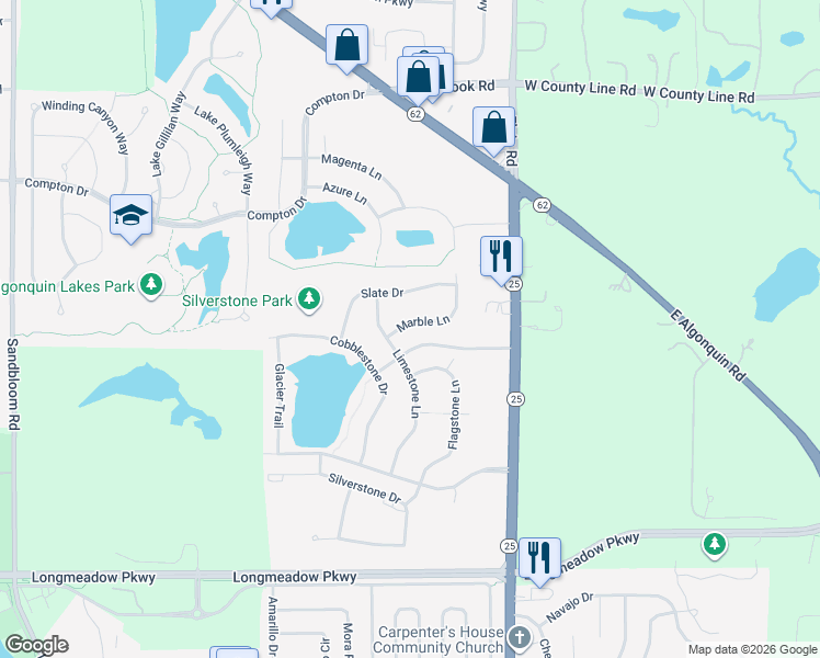 map of restaurants, bars, coffee shops, grocery stores, and more near 6506 Marble Lane in Carpentersville