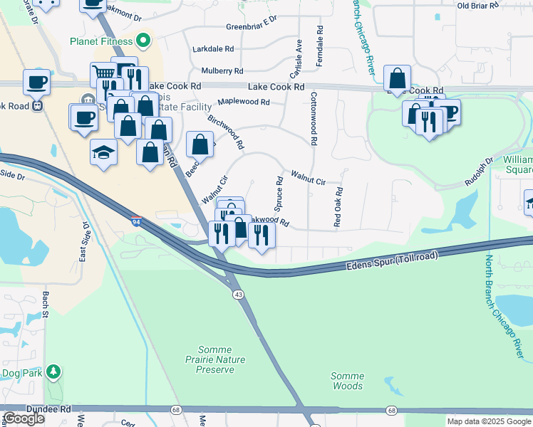 map of restaurants, bars, coffee shops, grocery stores, and more near 1930 Oakwood Road in Northbrook