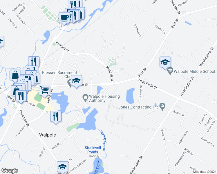 map of restaurants, bars, coffee shops, grocery stores, and more near 720 East Street in Walpole