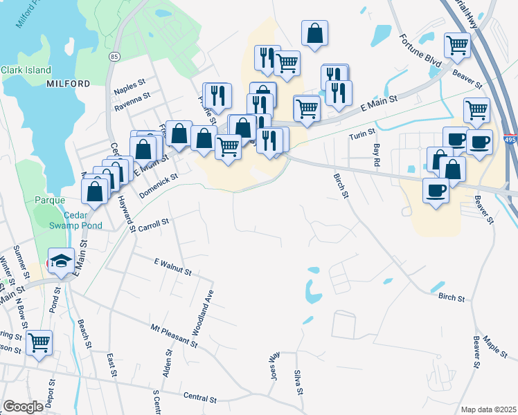 map of restaurants, bars, coffee shops, grocery stores, and more near 10 Veterans Memorial Drive in Milford